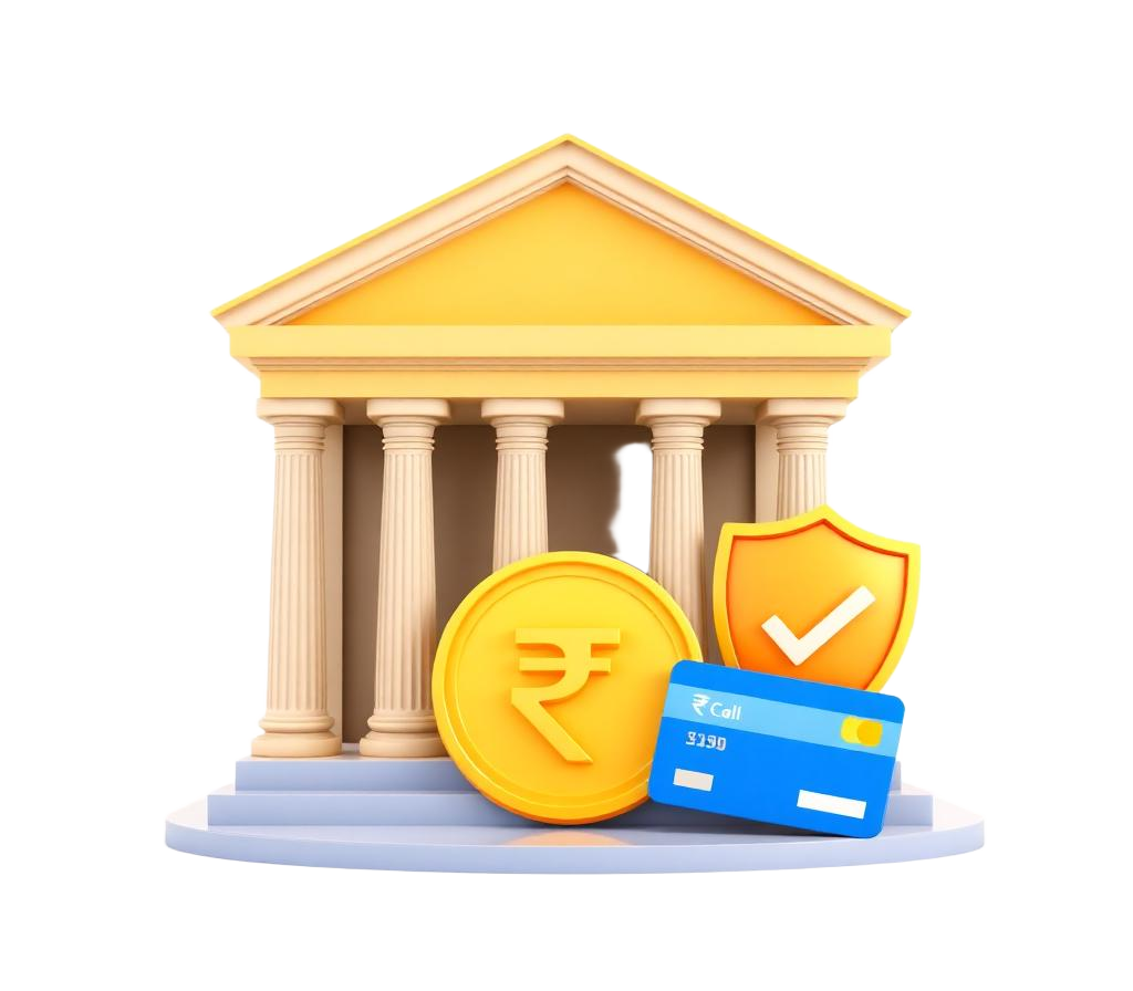 YoursPay banking - bank building with rupee coin, debit card and trust shield