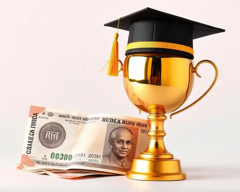 Lump sum of rupee notes with a golden trophy and graduation cap for one-time child investment