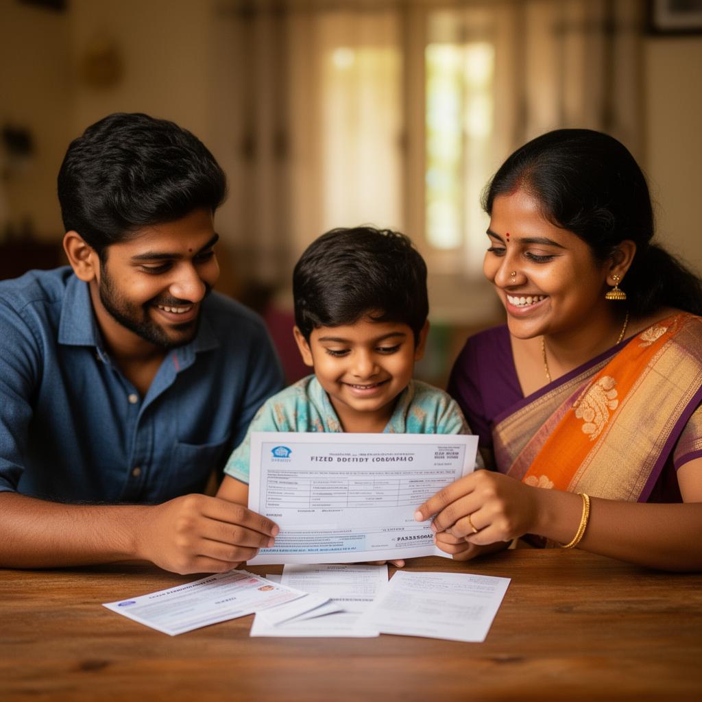 Young Indian family investing in fixed deposit