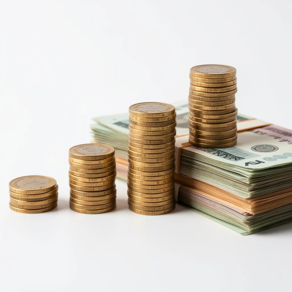 Growing stacks of rupee coins beside cash bundles
