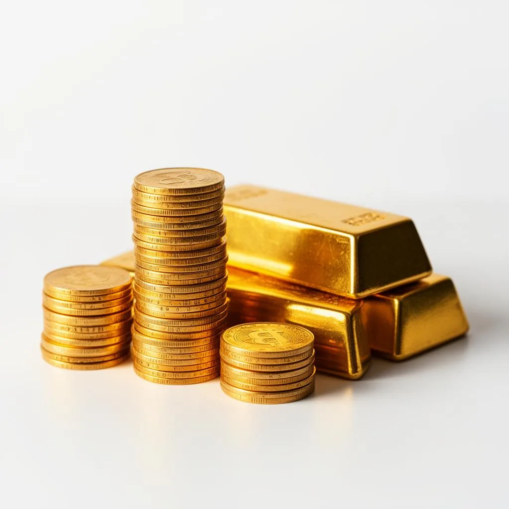 Stacks of gold coins and gold bars