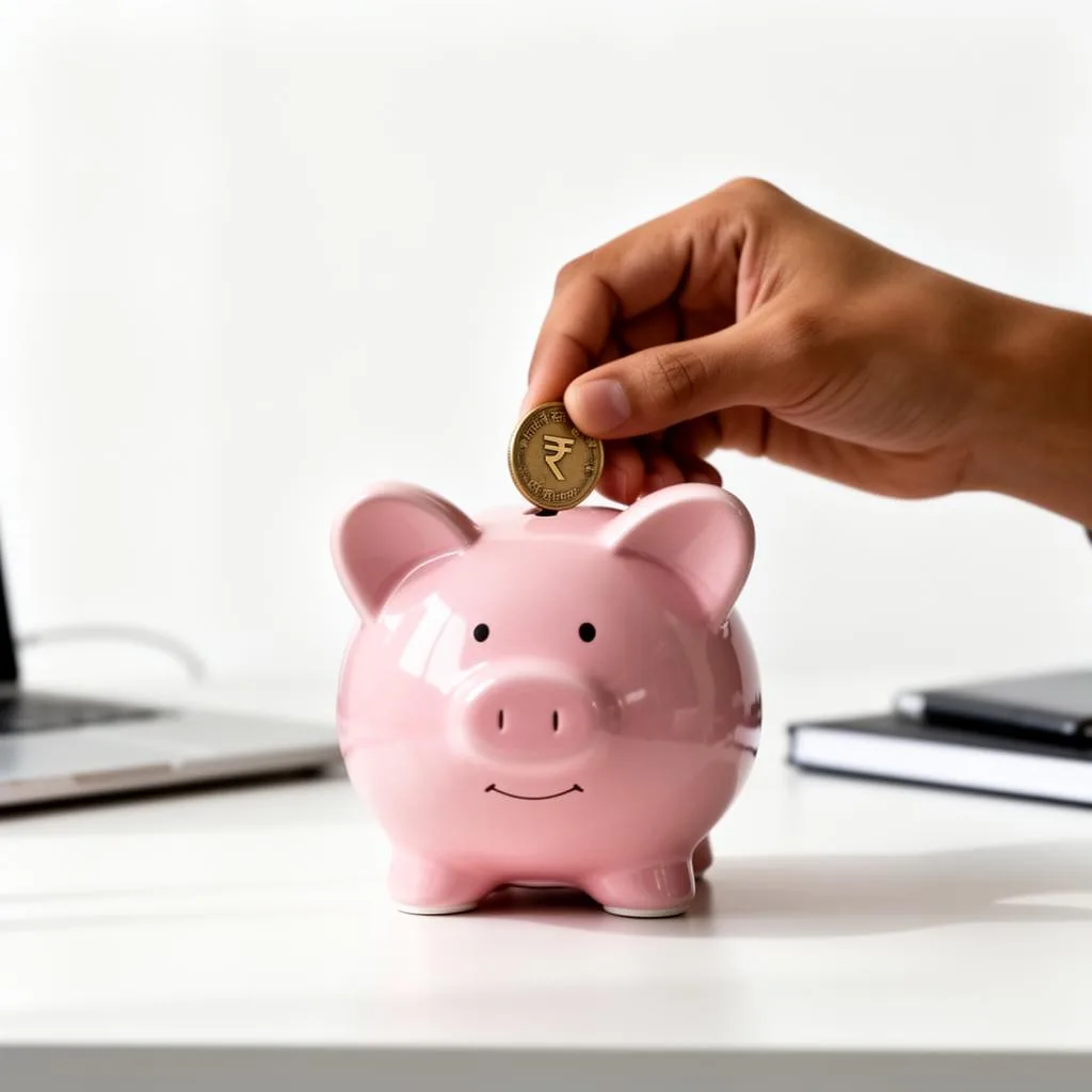 Hand dropping a rupee coin into a piggy bank